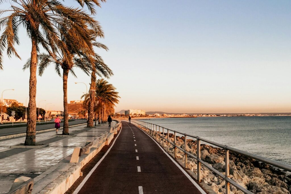 Una bonita avenida costera con palmeras, personas caminando y un mar tranquilo al lado. #Sobre BaoLiba – Revolucionando la colaboración entre marcas e influencers en España